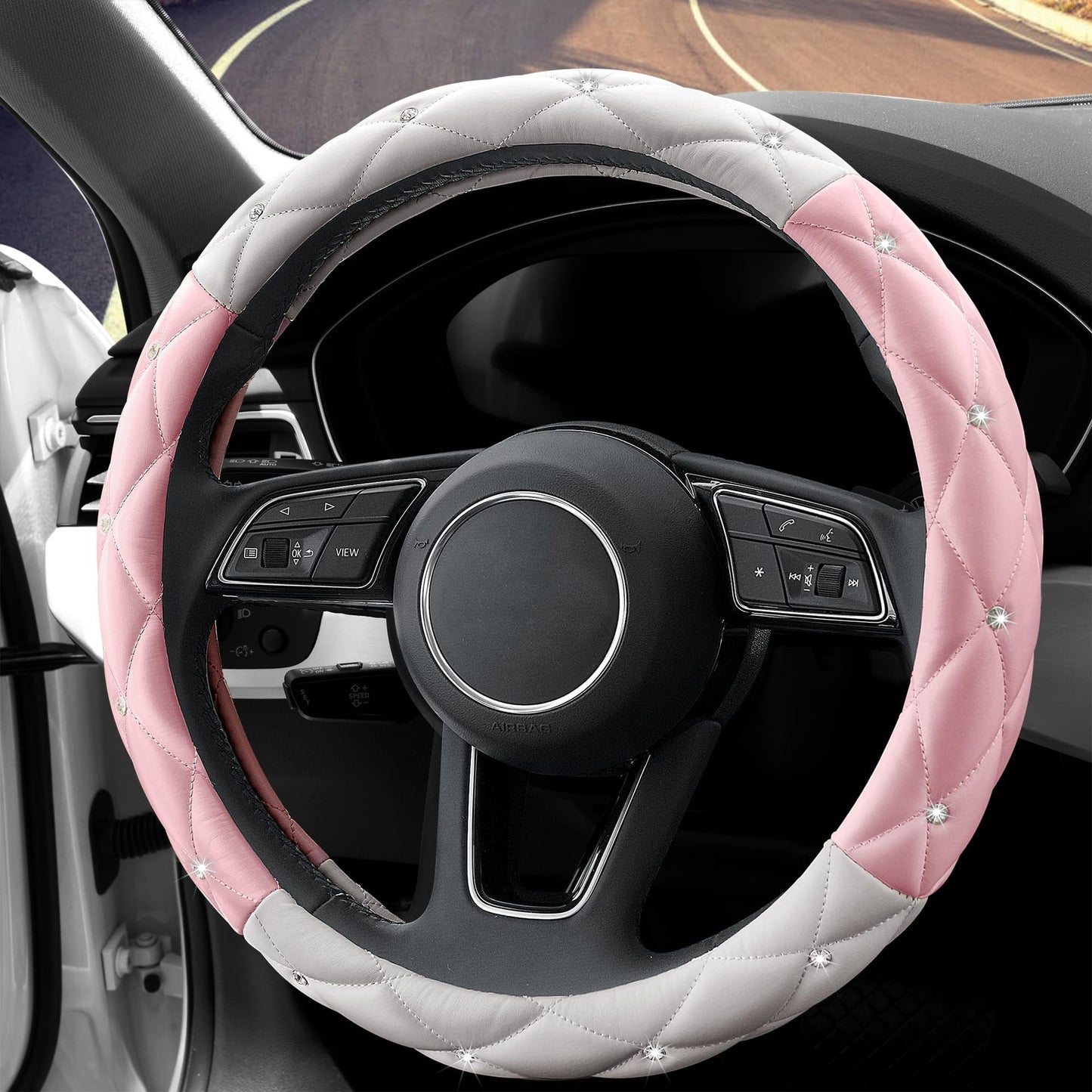 Car Steering Wheel Cover Rhinestone Steering Wheel Cover Four-Season Universal Diamond Soft Leather Non-Slip Steering Wheel Cover with Shiny