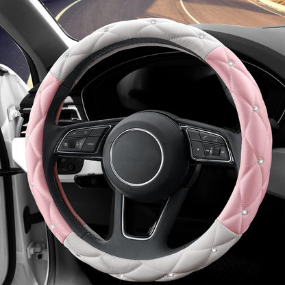 Car Steering Wheel Cover Rhinestone Steering Wheel Cover Four-Season Universal Diamond Soft Leather Non-Slip Steering Wheel Cover with Shiny