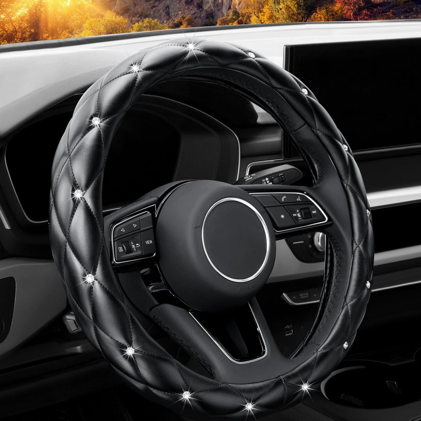 Car Steering Wheel Cover Rhinestone Steering Wheel Cover Four-Season Universal Diamond Soft Leather Non-Slip Steering Wheel Cover with Shiny