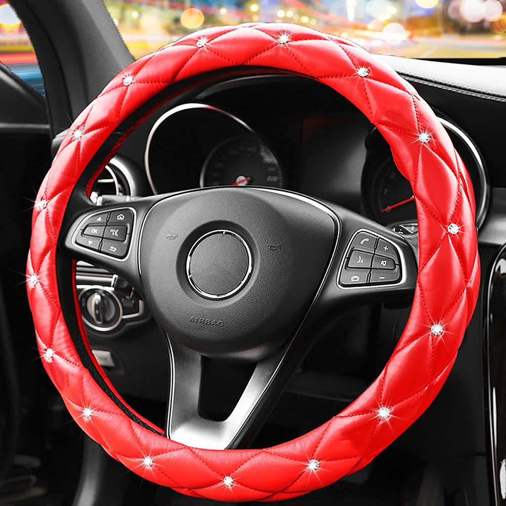 Car Steering Wheel Cover Rhinestone Steering Wheel Cover Four-Season Universal Diamond Soft Leather Non-Slip Steering Wheel Cover with Shiny