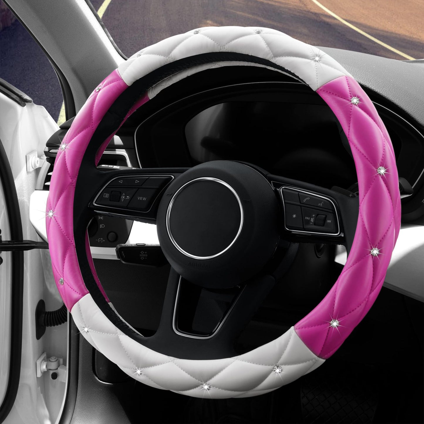 Car Steering Wheel Cover Rhinestone Steering Wheel Cover Four-Season Universal Diamond Soft Leather Non-Slip Steering Wheel Cover with Shiny