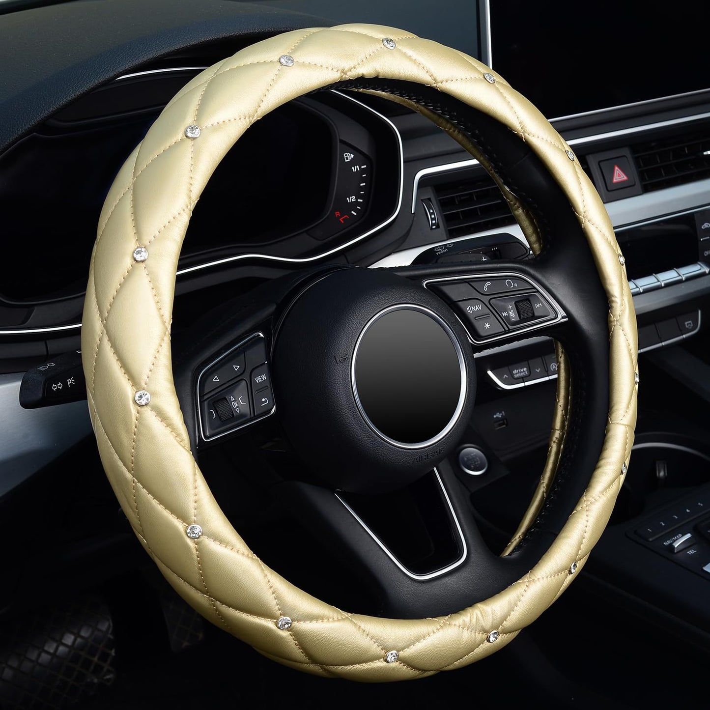 Car Steering Wheel Cover Rhinestone Steering Wheel Cover Four-Season Universal Diamond Soft Leather Non-Slip Steering Wheel Cover with Shiny
