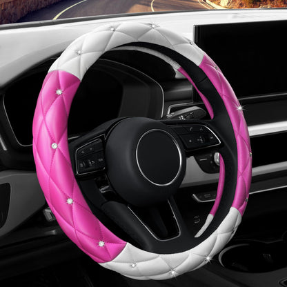 Car Steering Wheel Cover Rhinestone Steering Wheel Cover Four-Season Universal Diamond Soft Leather Non-Slip Steering Wheel Cover with Shiny