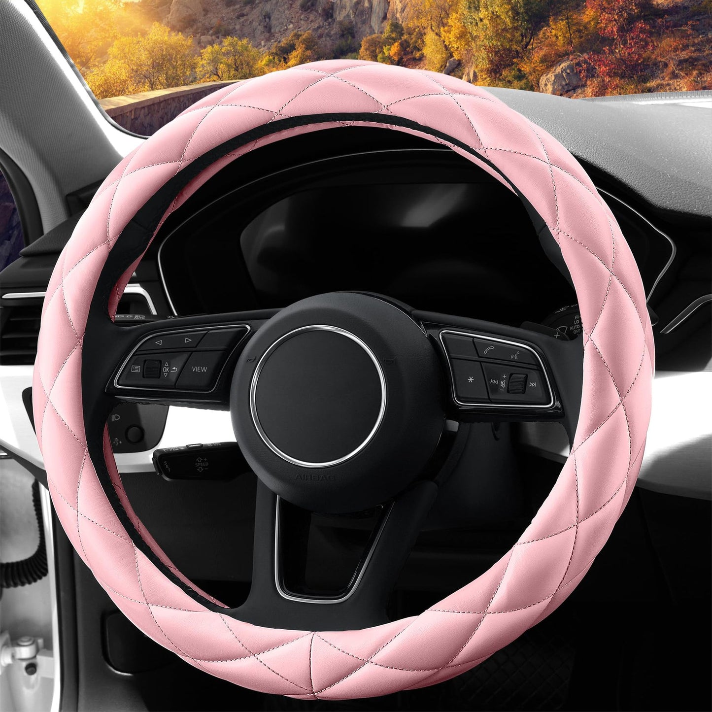 Car Steering Wheel Cover Rhinestone Steering Wheel Cover Four-Season Universal Diamond Soft Leather Non-Slip Steering Wheel Cover with Shiny