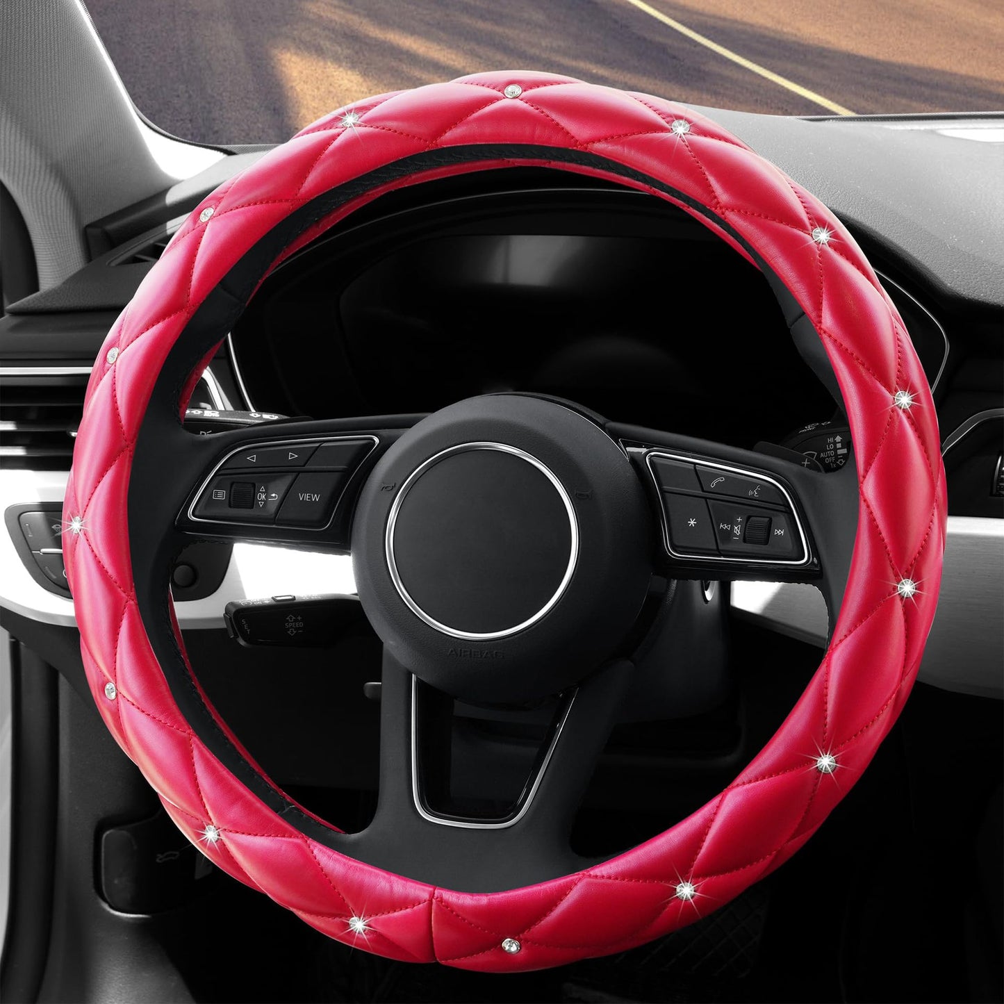 Car Steering Wheel Cover Rhinestone Steering Wheel Cover Four-Season Universal Diamond Soft Leather Non-Slip Steering Wheel Cover with Shiny
