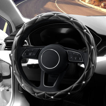 Car Steering Wheel Cover Rhinestone Steering Wheel Cover Four-Season Universal Diamond Soft Leather Non-Slip Steering Wheel Cover with Shiny