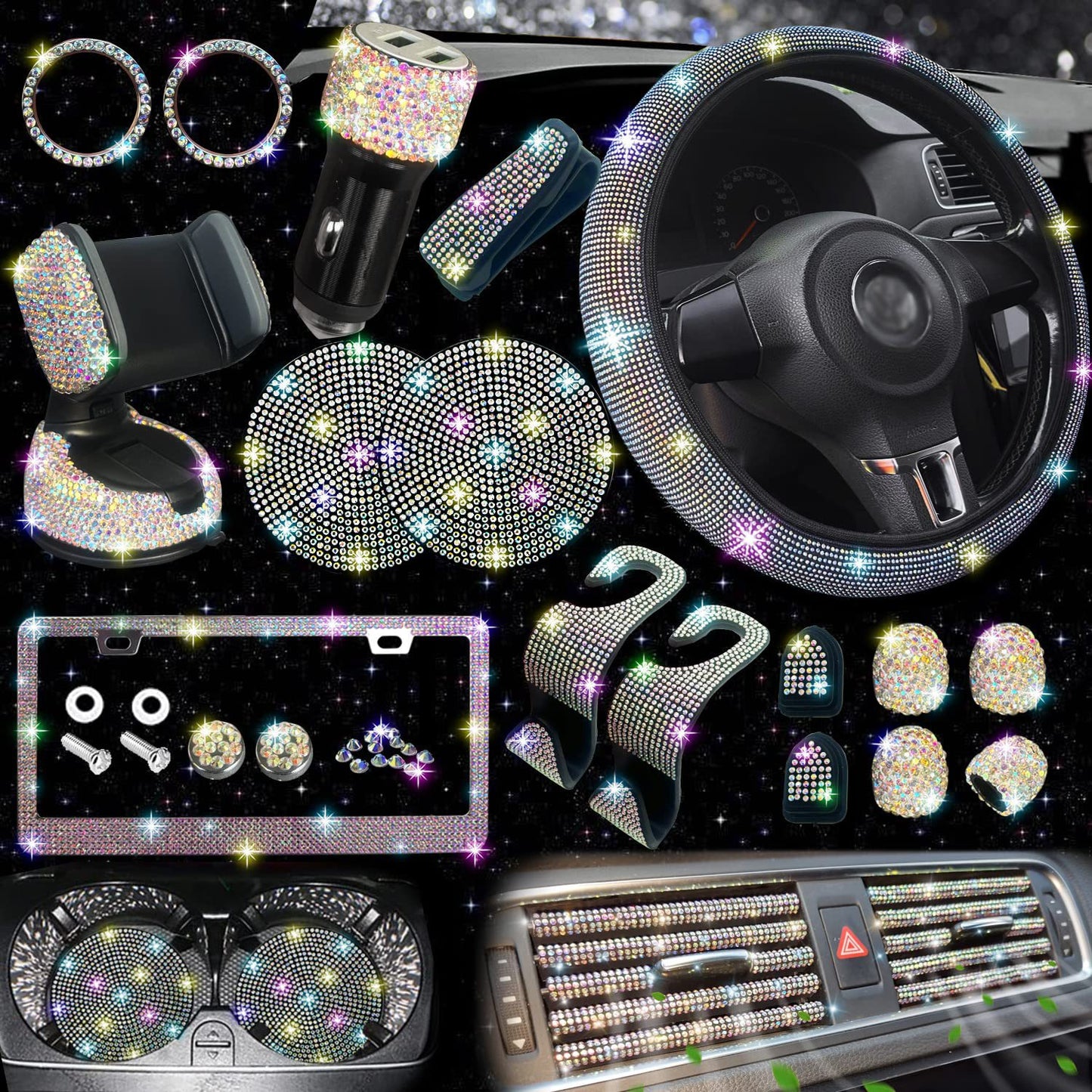 Car steering wheel cover non-slip comfortable no inner ring handle set diamond US gauge license plate frame rhinestone car decoration cross-border