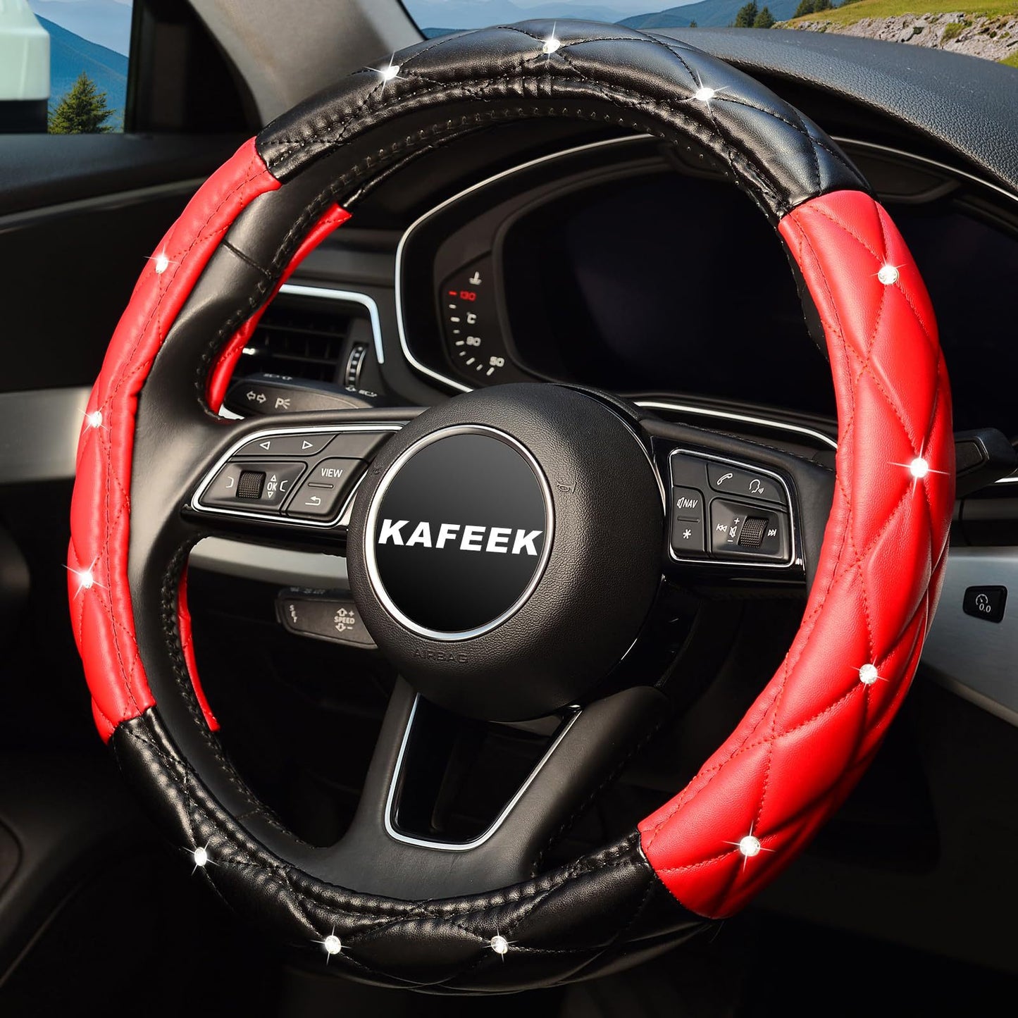 Car Steering Wheel Cover Rhinestone Steering Wheel Cover Four-Season Universal Diamond Soft Leather Non-Slip Steering Wheel Cover with Shiny