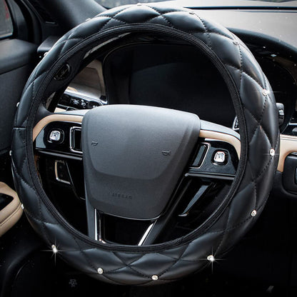 Car Steering Wheel Cover Rhinestone Steering Wheel Cover Four-Season Universal Diamond Soft Leather Non-Slip Steering Wheel Cover with Shiny