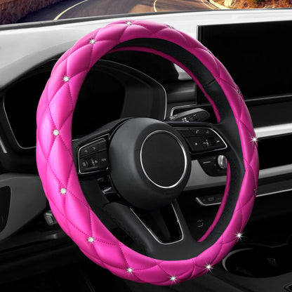 Car Steering Wheel Cover Rhinestone Steering Wheel Cover Four-Season Universal Diamond Soft Leather Non-Slip Steering Wheel Cover with Shiny