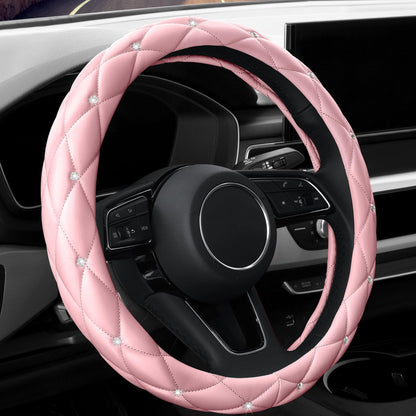 Car Steering Wheel Cover Rhinestone Steering Wheel Cover Four-Season Universal Diamond Soft Leather Non-Slip Steering Wheel Cover with Shiny
