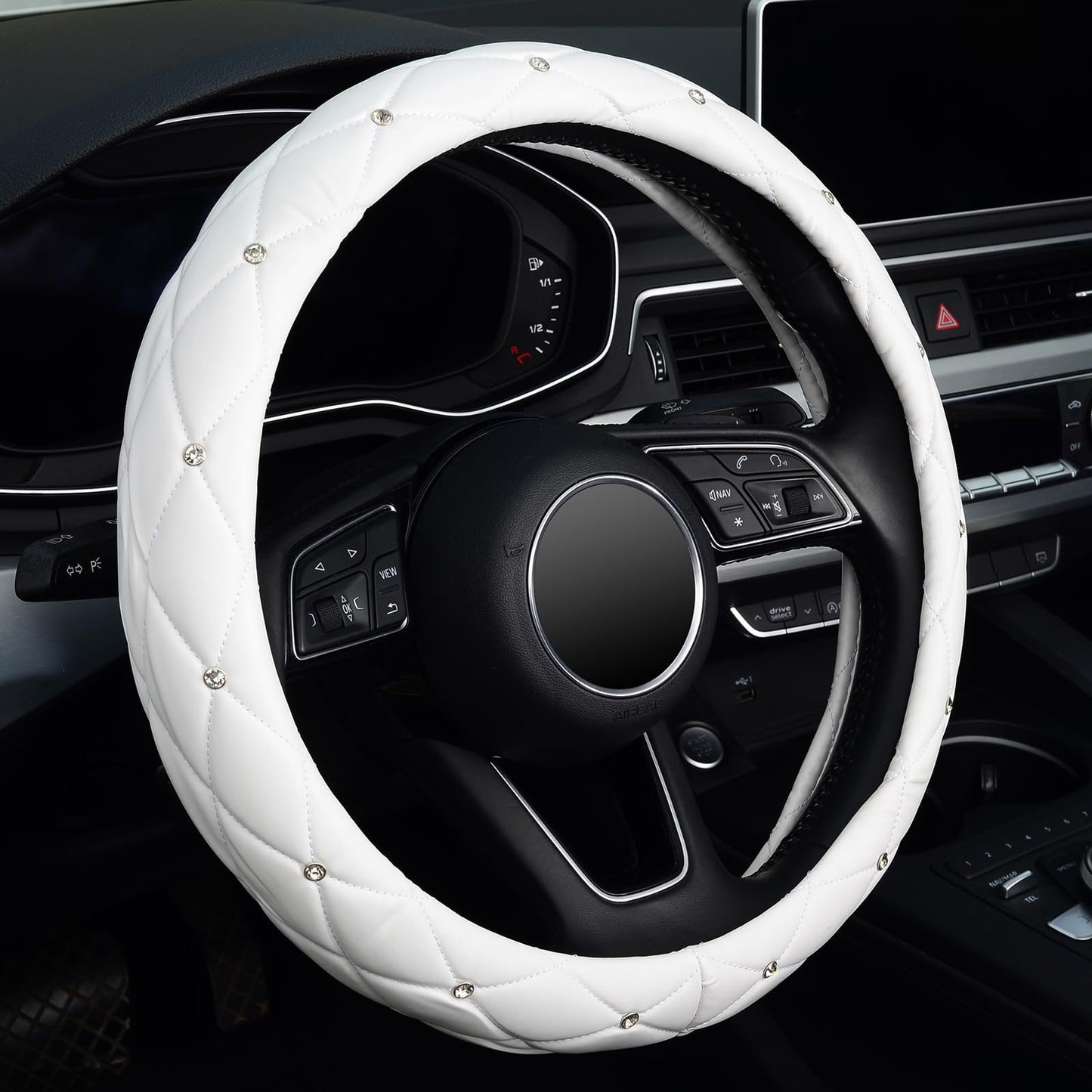 Car Steering Wheel Cover Rhinestone Steering Wheel Cover Four-Season Universal Diamond Soft Leather Non-Slip Steering Wheel Cover with Shiny