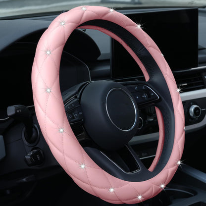 Car Steering Wheel Cover Rhinestone Steering Wheel Cover Four-Season Universal Diamond Soft Leather Non-Slip Steering Wheel Cover with Shiny