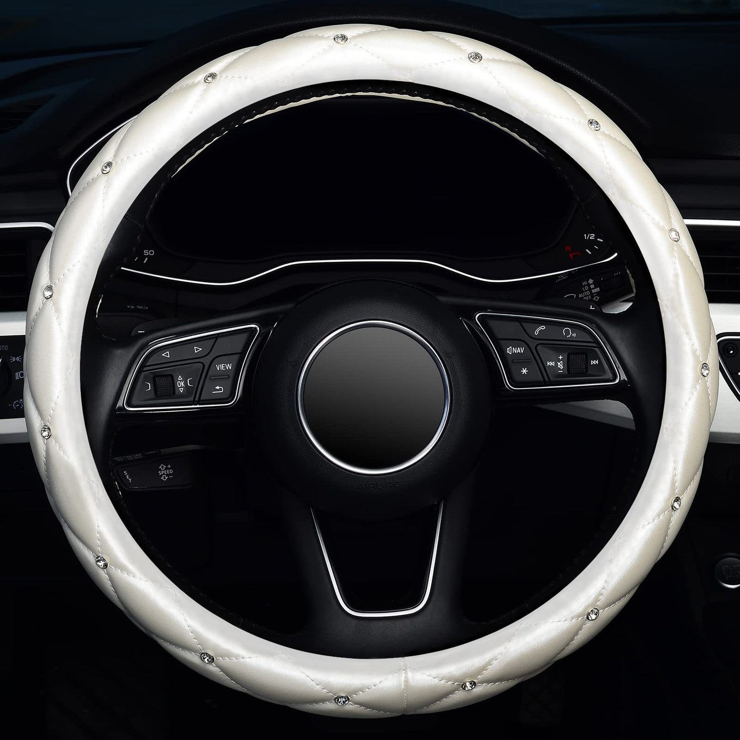 Car Steering Wheel Cover Rhinestone Steering Wheel Cover Four-Season Universal Diamond Soft Leather Non-Slip Steering Wheel Cover with Shiny