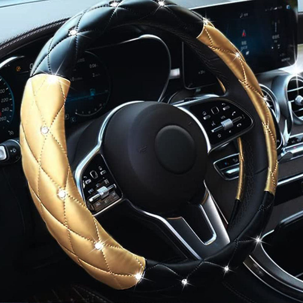 Car Steering Wheel Cover Rhinestone Steering Wheel Cover Four-Season Universal Diamond Soft Leather Non-Slip Steering Wheel Cover with Shiny