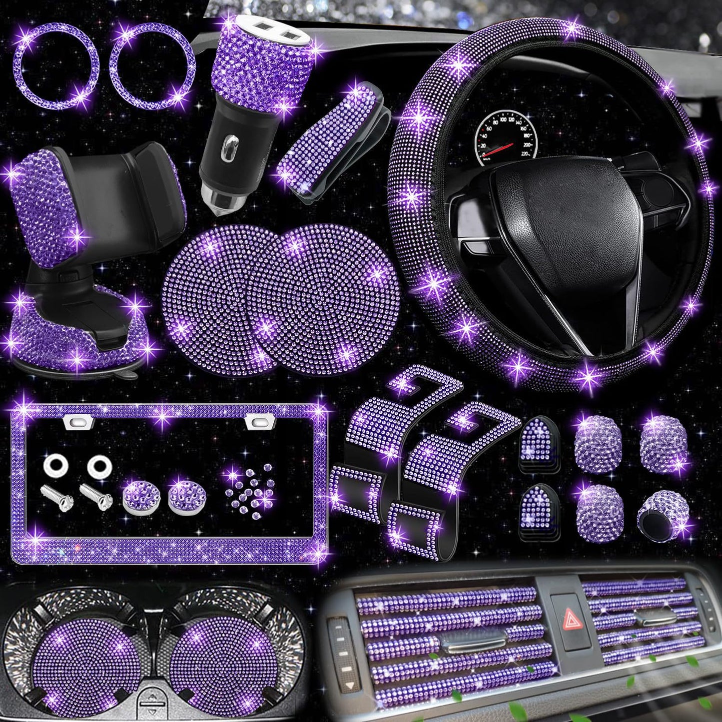 Car steering wheel cover non-slip comfortable no inner ring handle set diamond US gauge license plate frame rhinestone car decoration cross-border