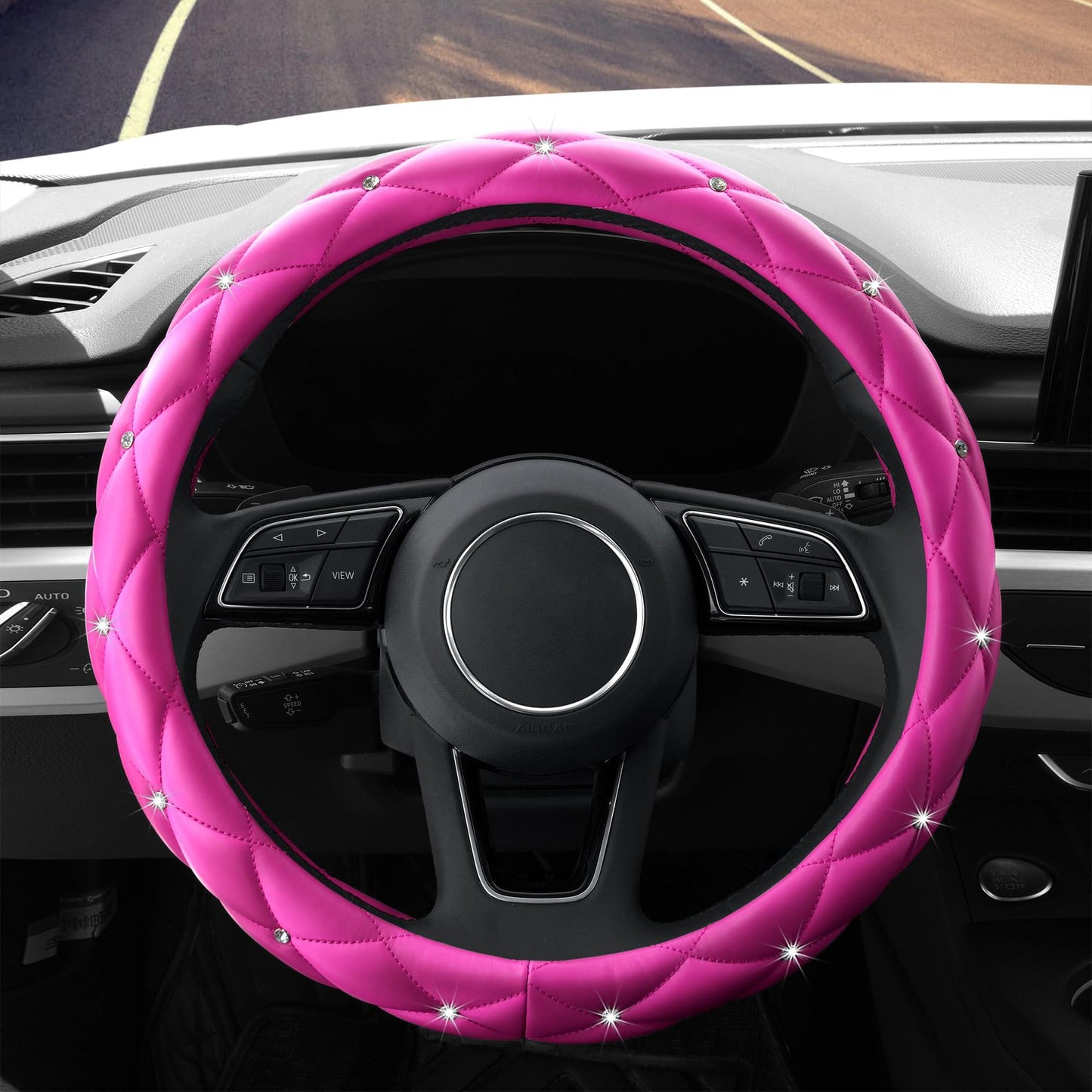 Car Steering Wheel Cover Rhinestone Steering Wheel Cover Four-Season Universal Diamond Soft Leather Non-Slip Steering Wheel Cover with Shiny